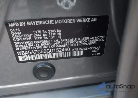 2016 BMW 528 Xi z USA, uszkodzony, nr VIN WBA5A7C50GG152460